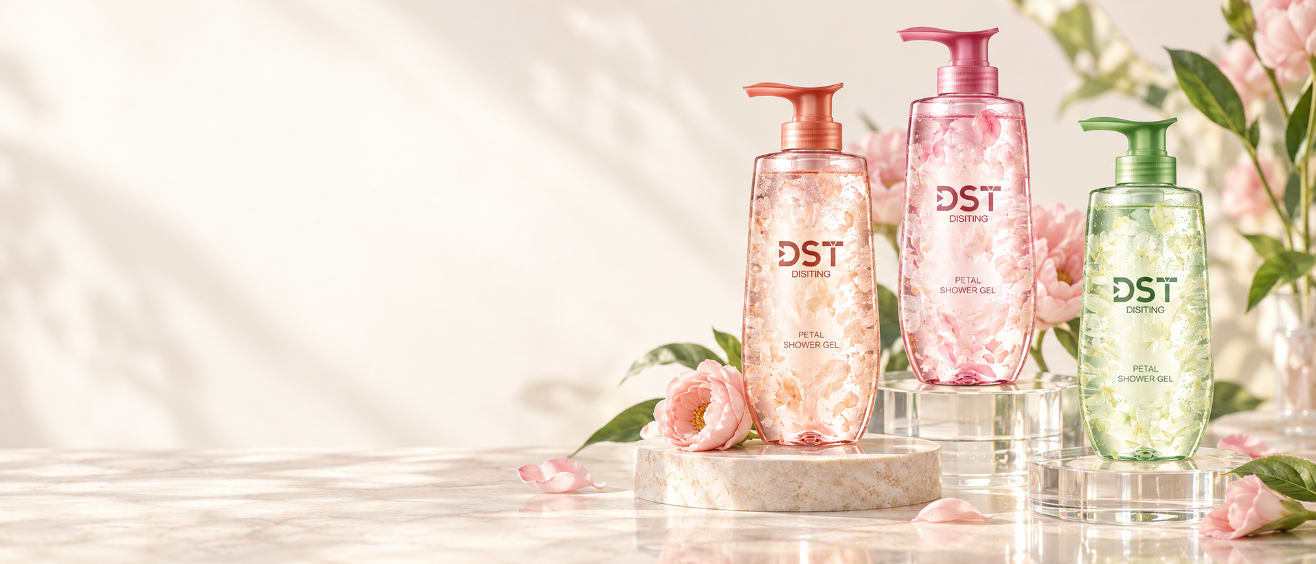 Three DST floral petal body wash bottles with pink flowers and green leaves