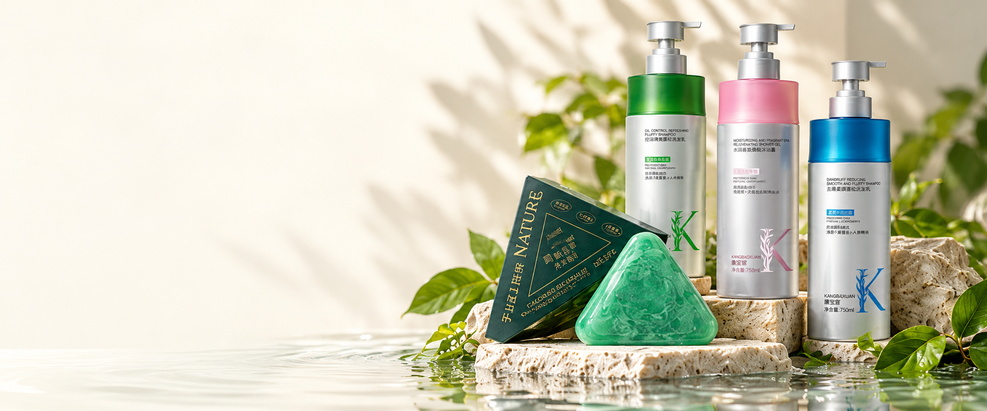 KANGBAOXUAN care bottles and LNAMDK botanical shampoo soap on natural stone