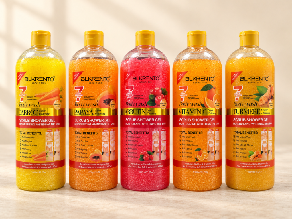 BLKRENTO exfoliating shower gel flip-top bottles