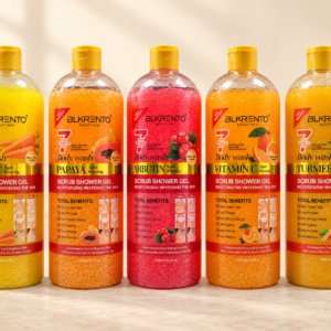 BLKRENTO exfoliating shower gel flip-top bottles