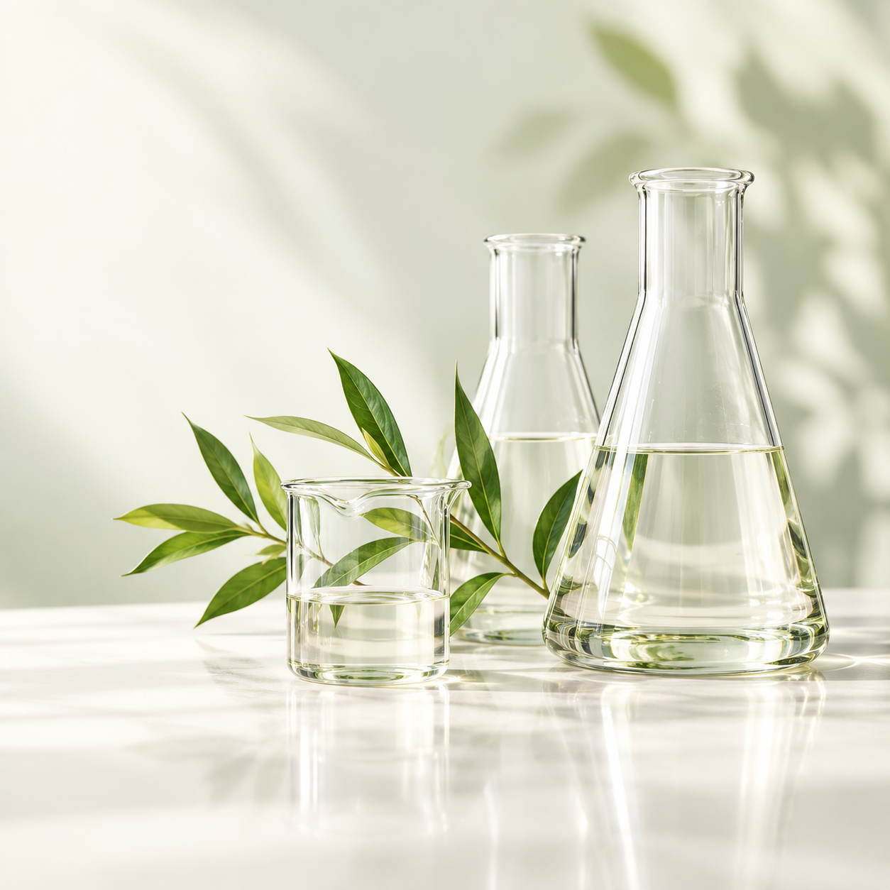 Glass flasks and botanical ingredients, formula development illustration